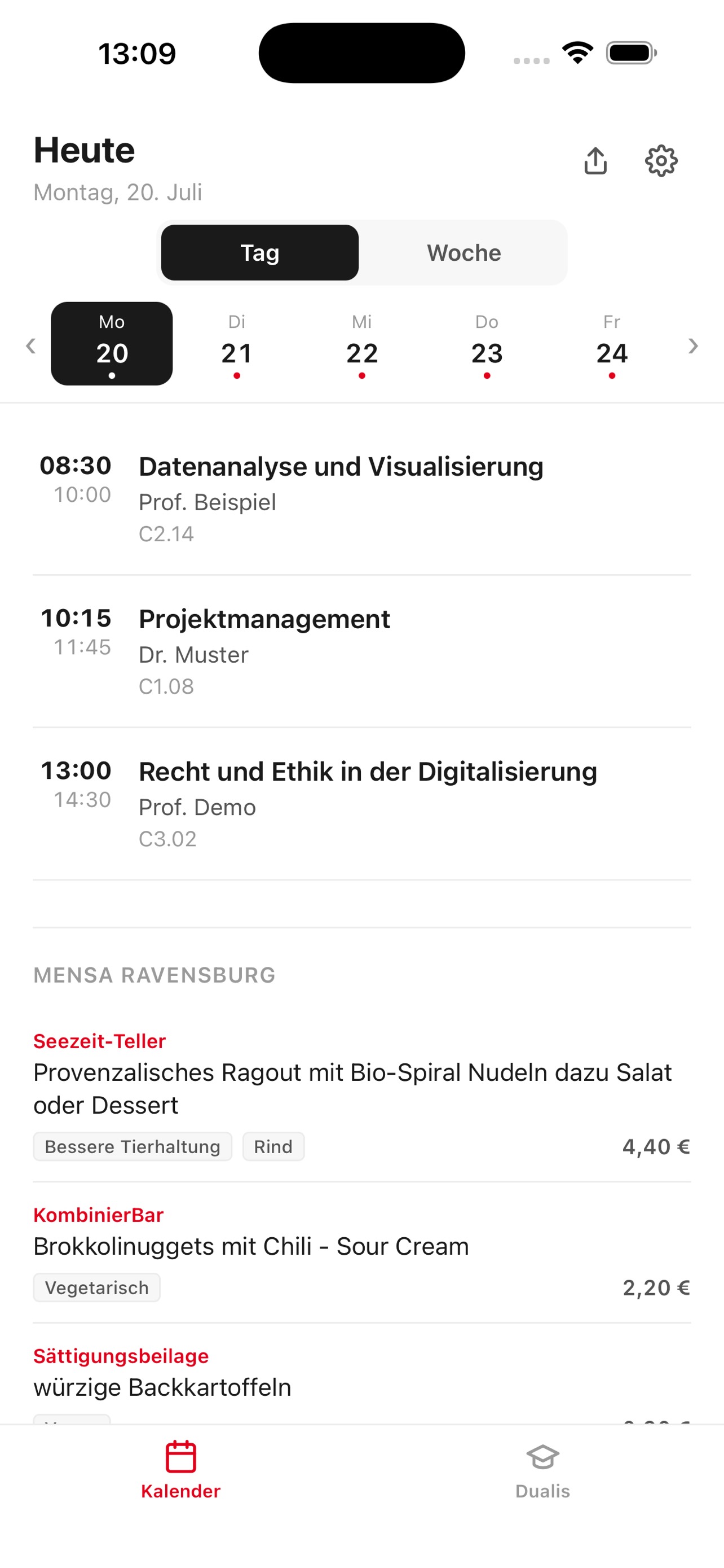 Daily schedule with lectures and cafeteria menu