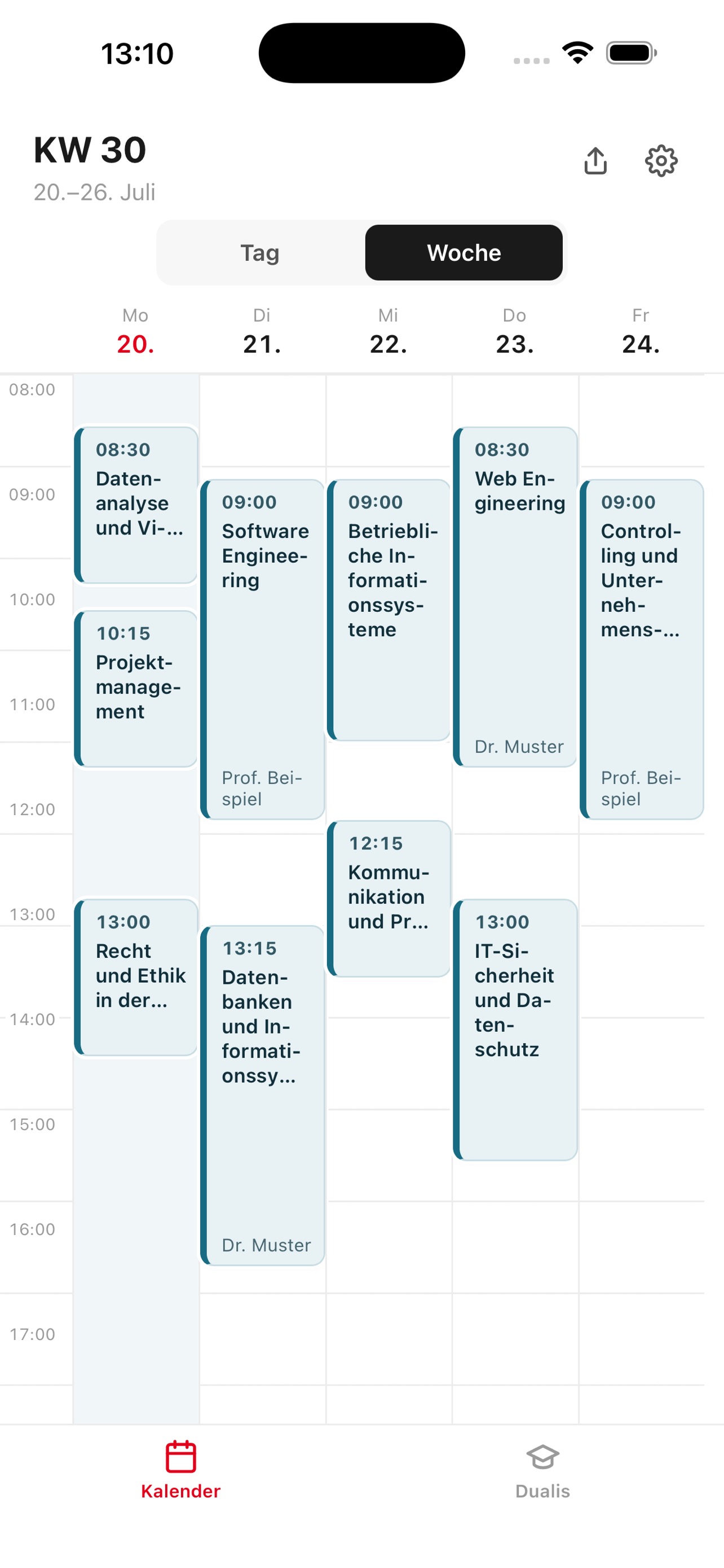 Lectures in the weekly schedule